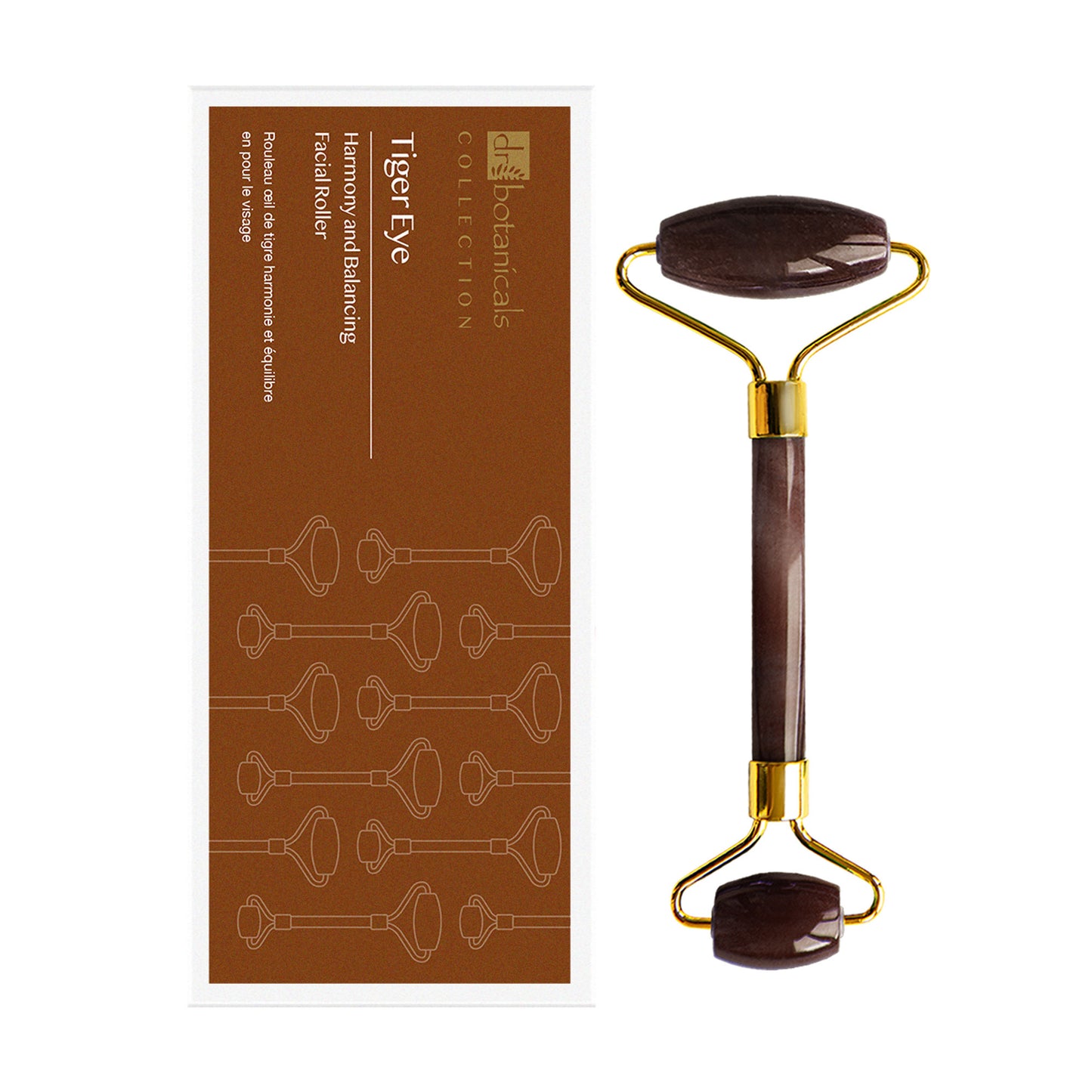DB342 Dr Botanicals Tiger Eye Harmony & Balancing Facial Roller Gold Metal Handle