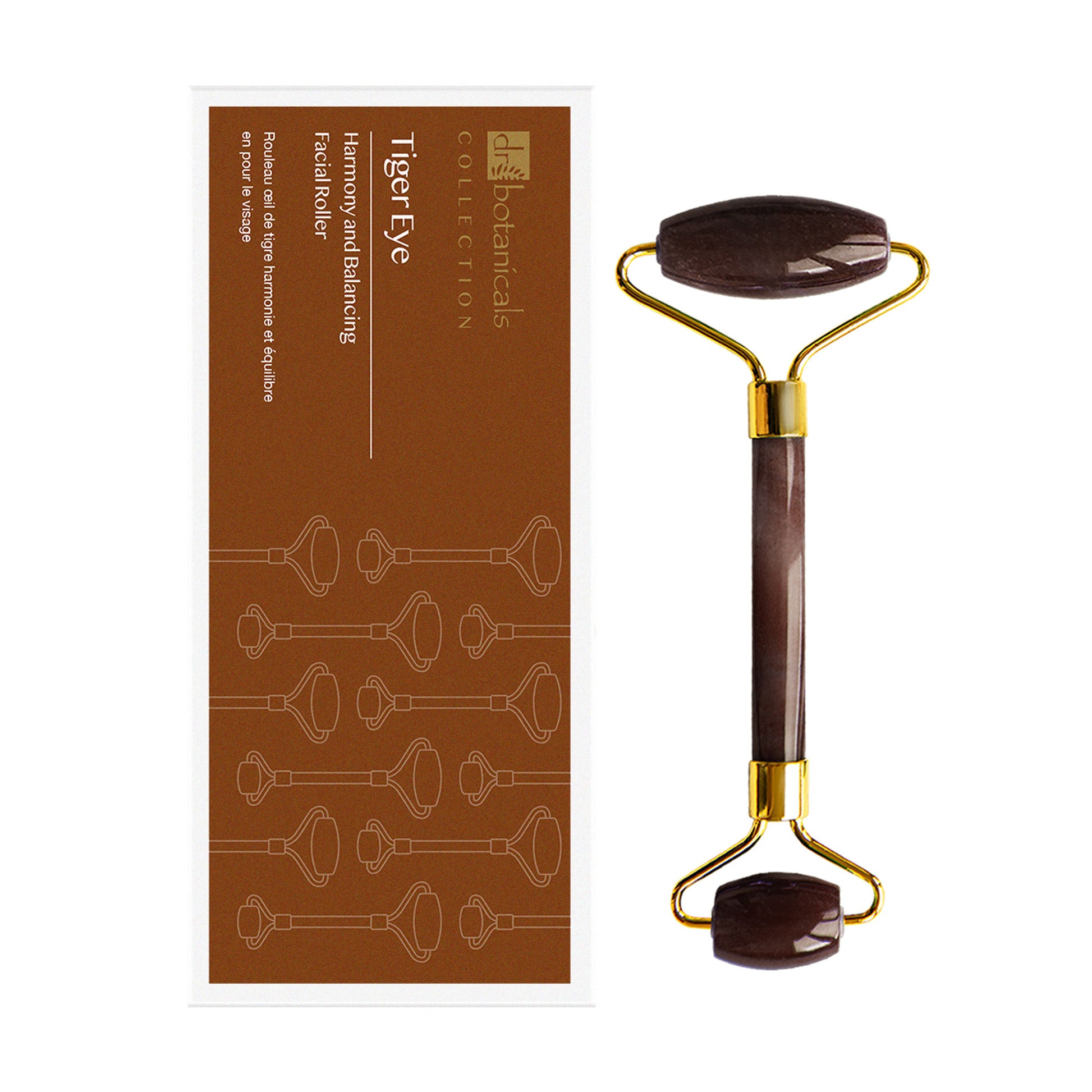 DB342 Dr Botanicals Tiger Eye Harmony & Balancing Facial Roller Gold Metal Handle