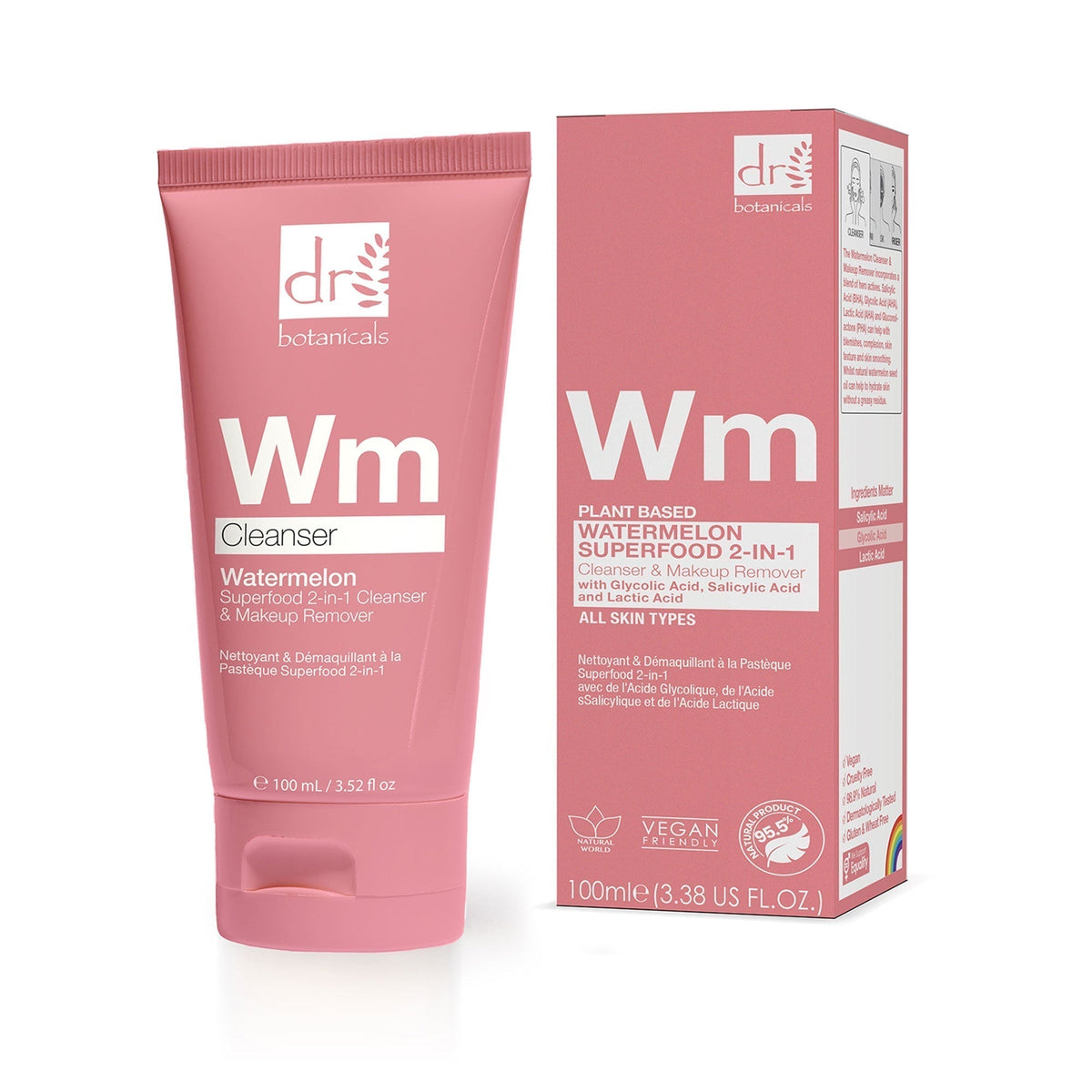 Dr Botanicals Watermelon Superfood 2-in-1 Cleanser & Makeup Remover 100ml with Glycolic Acid, Salicylic Acid and Lactic Acid
